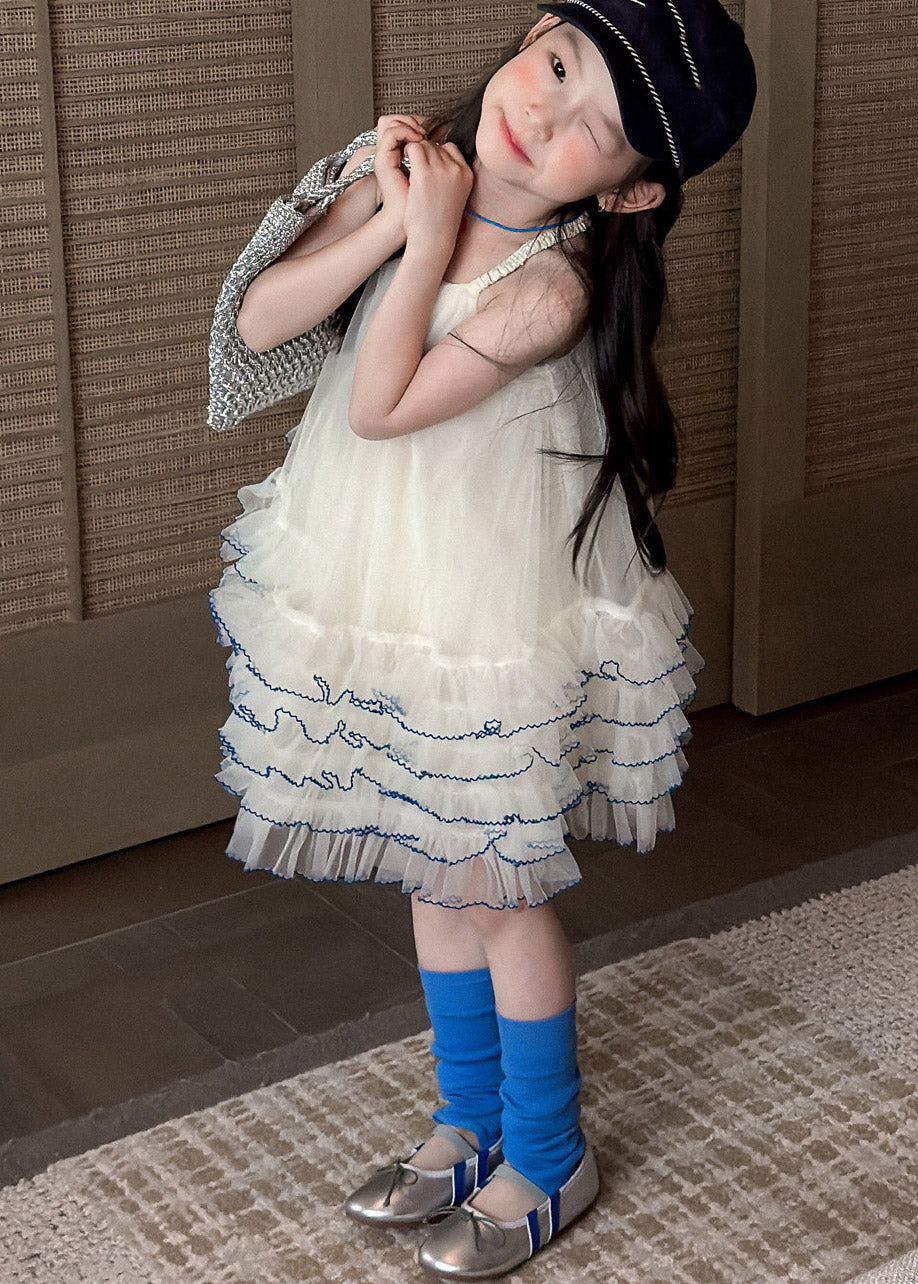 Lovely Apricot Ruffled Patchwork Tulle Girls Long Spaghetti Strap Dress Summer