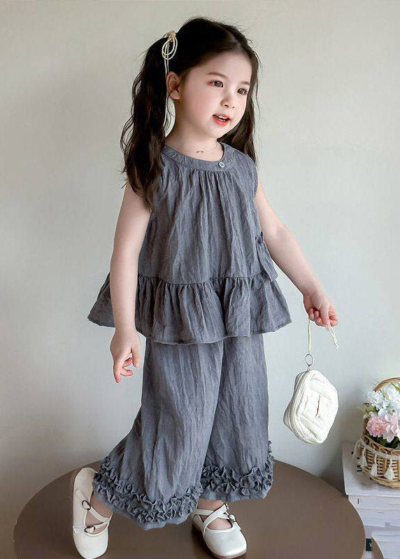 Lovely Grey Ruffled Patchwork Kids T Shirt And Crop Pants Two Piece Set Sleeveless
