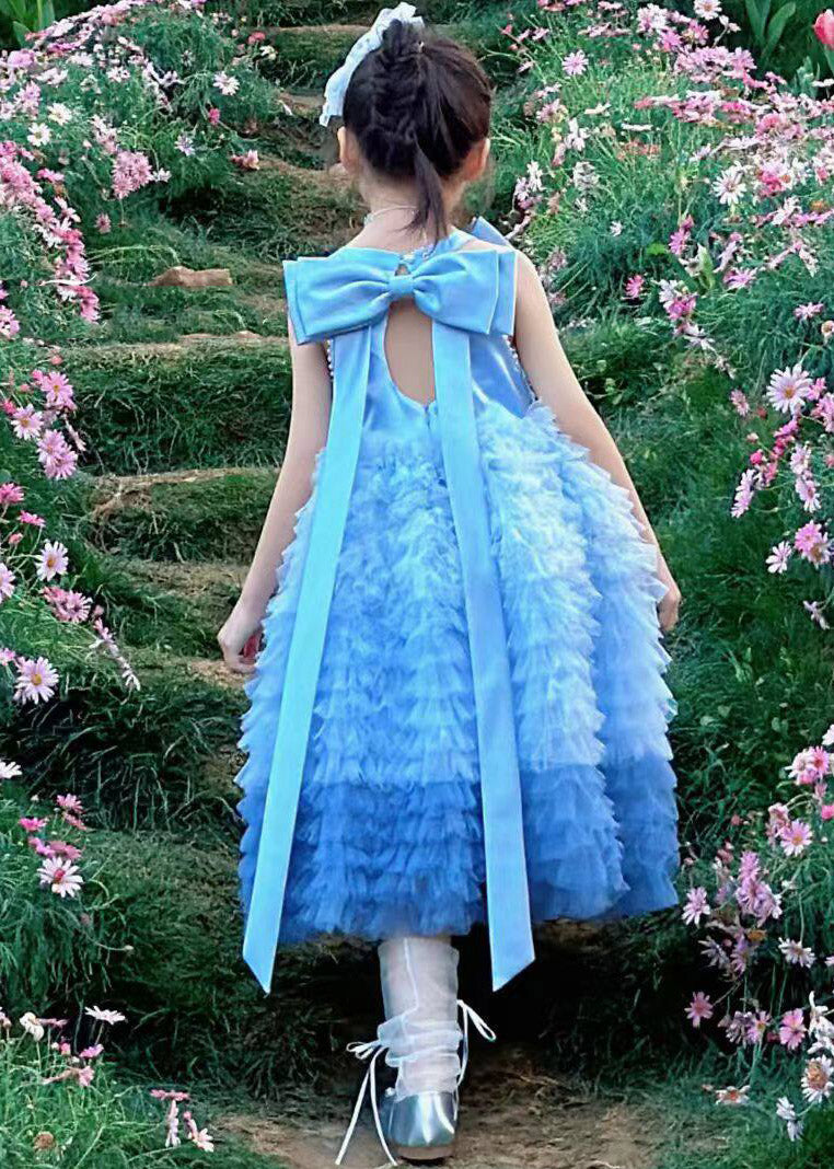 Lovely Pink Sequins Bow Tulle Baby Kids Long Dress Sleeveless