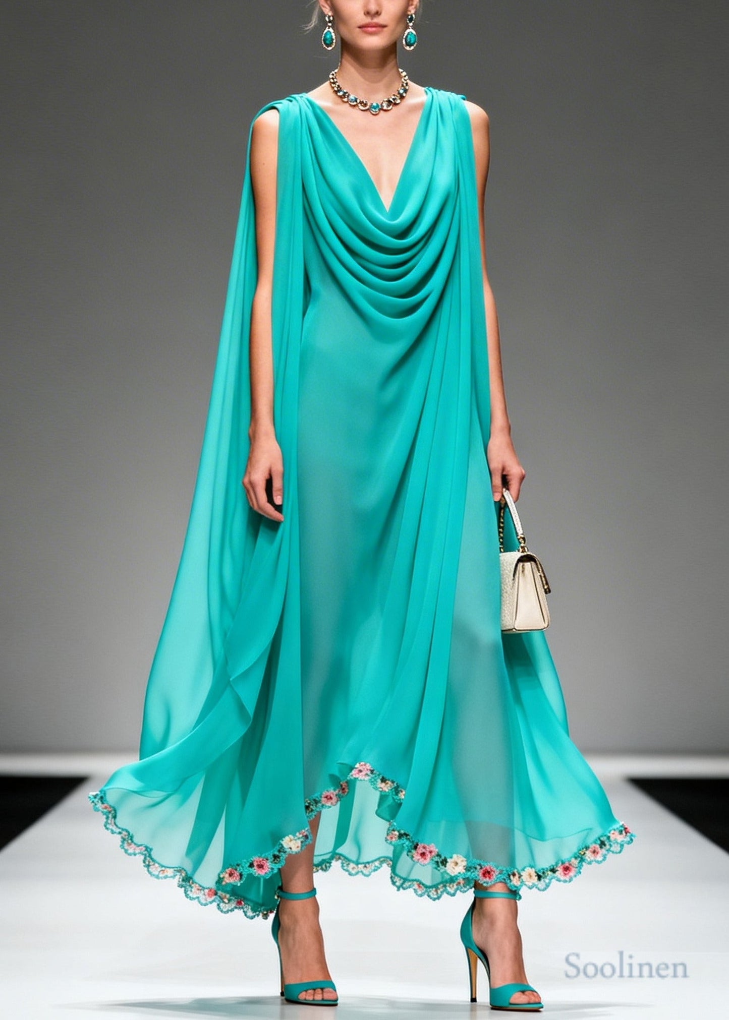 Modern Blue Oversized Wrinkled Flower Chiffon Long Dress Summer