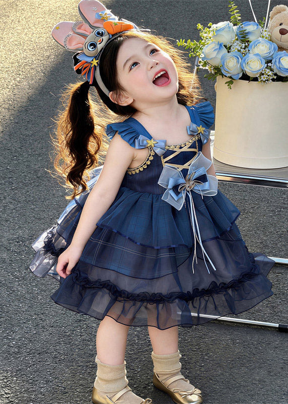 Modern Blue Ruffled Patchwork Tulle Kids Long Spaghetti Strap Dress Sleeveless
