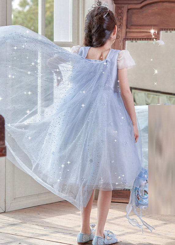 Modern Blue Square Collar Patchwork Tulle Girls Long Dresses Summer