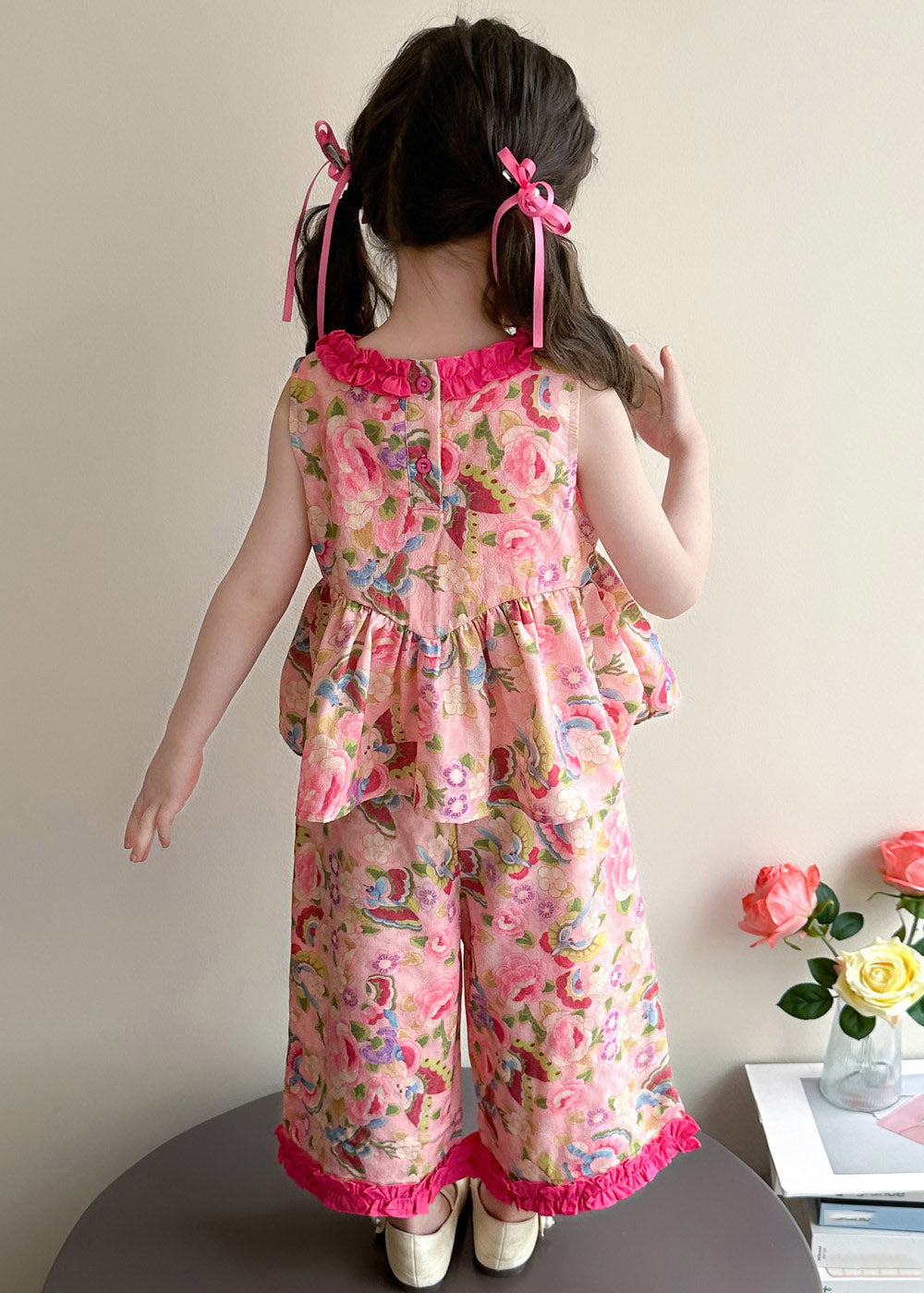Modern Pink Print Bow Girls Top And Wide Leg Pants Two Pieces Set Summer