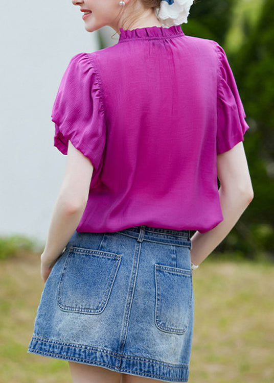 Modern Purple Ruffled Cotton Blouses Puff Sleeve