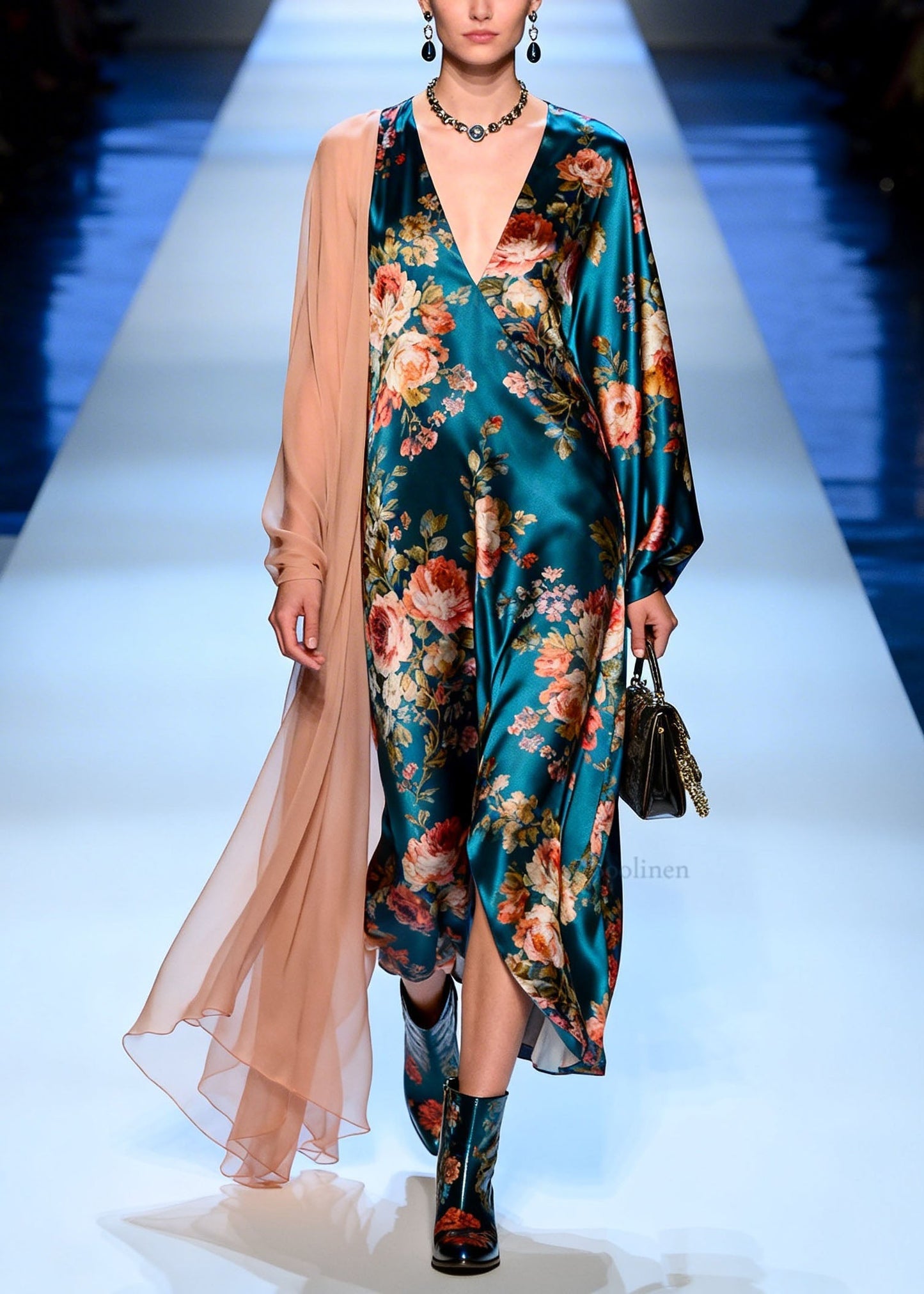 Modern V Neck Print Patchwork Silk Maxi Dresses Spring