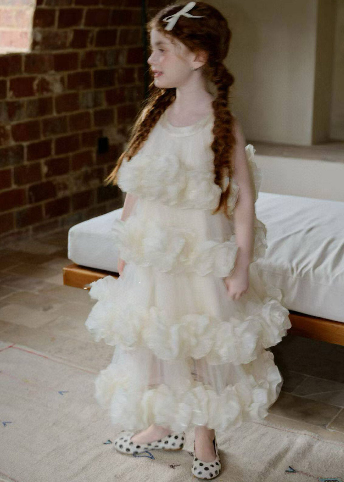 Modern White O-Neck Solid Tulle Girls Maxi Dress Summer