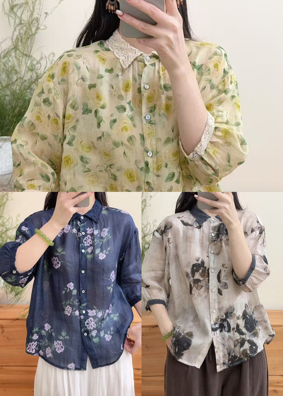 Modern Yellow Peter Pan Collar Print Linen Shirt Top Bracelet Sleeve