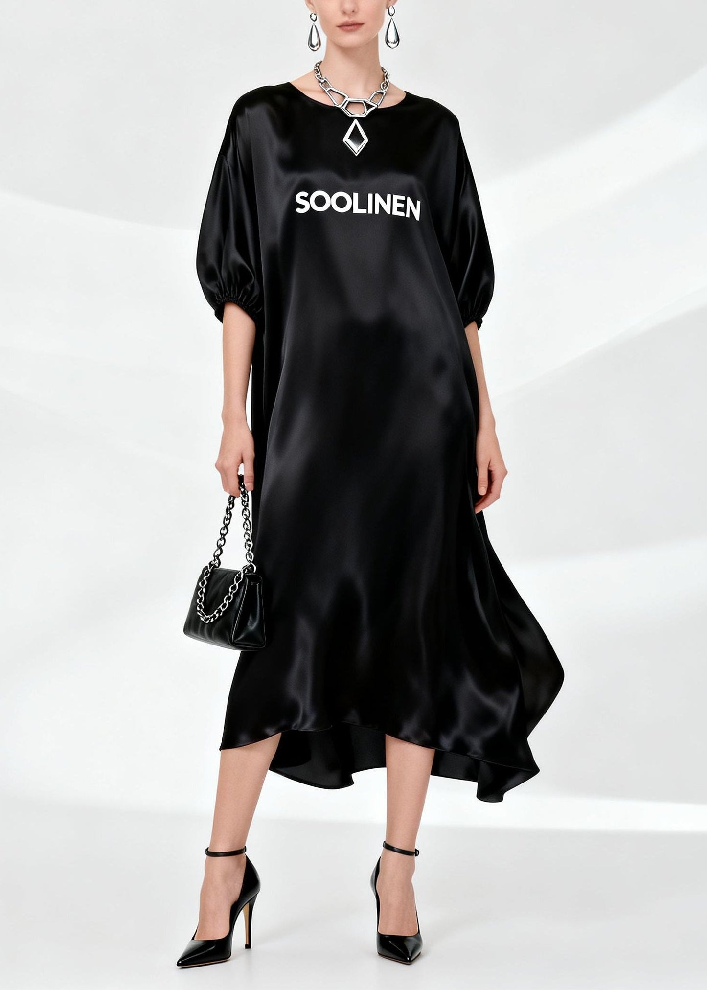 Natural Black O-Neck Draping Silk Maxi Dress Summer