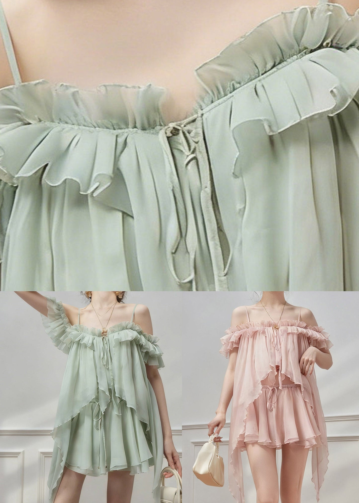 Natural Green Cold Shoulder Asymmetrical Chiffon Top And Skirts Two Pieces Set Sleeveless