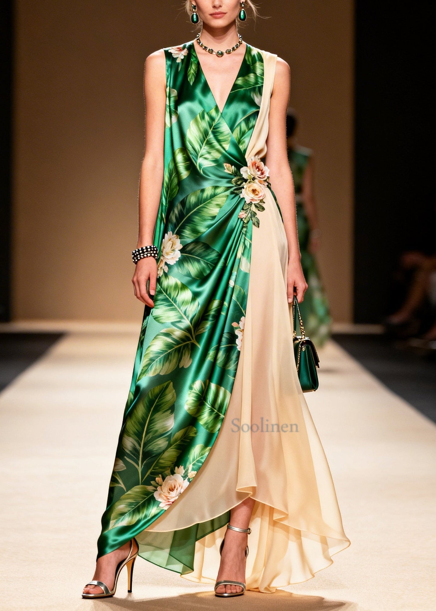 Natural Green Patchwork Flower Chiffon Vacation Dresses Sleeveless
