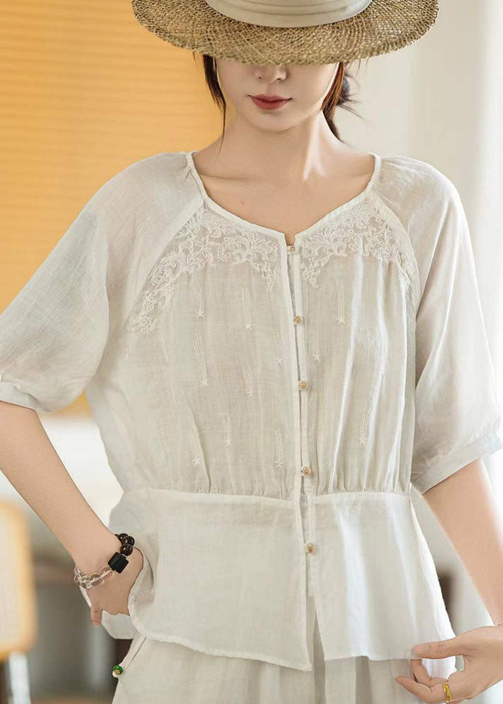 Natural Orange V Neck Embroidered Linen Top Summer