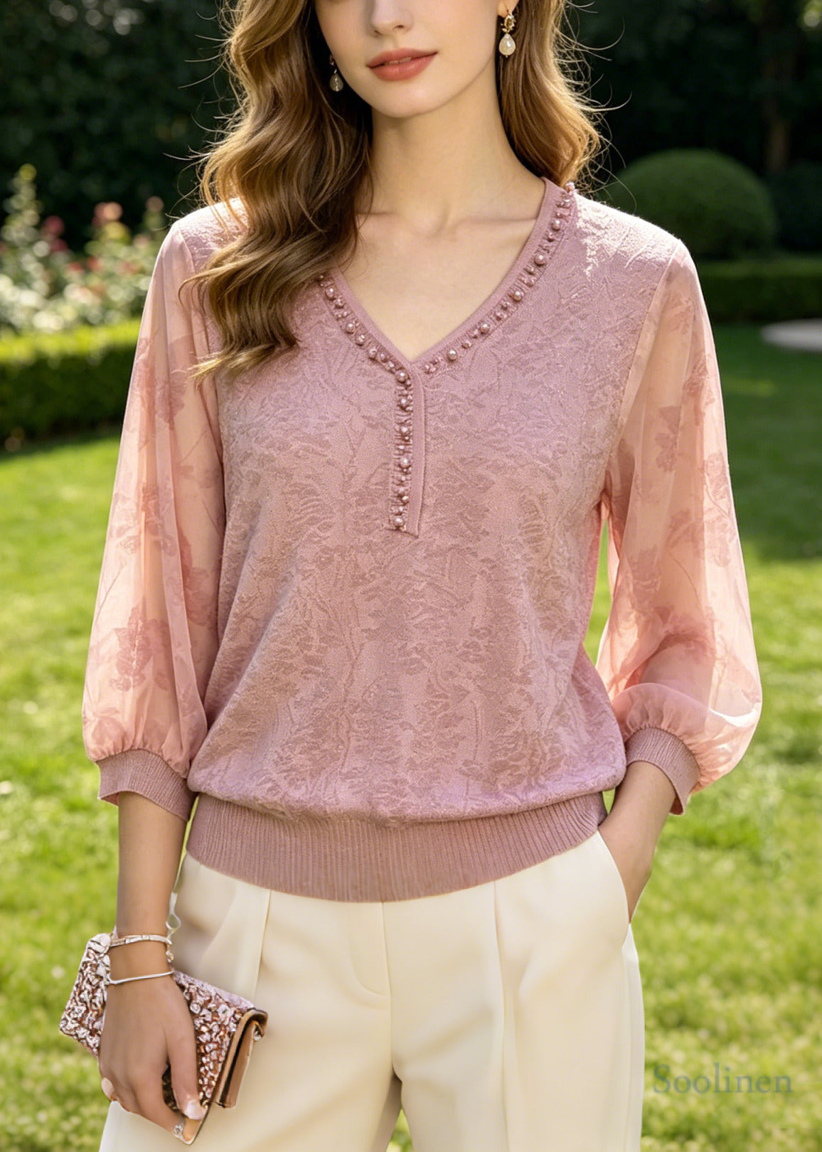 Natural Pink Jacquard Nail Bead Cotton Shirt Top Summer
