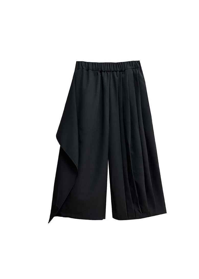New Black Asymmetrical Pleated Ribbon Splicing Fake Two Piece Wide Leg Pants