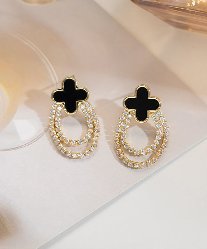 New Black Copper Overgild Zircon Four-Leaf Clover Hoop Earrings