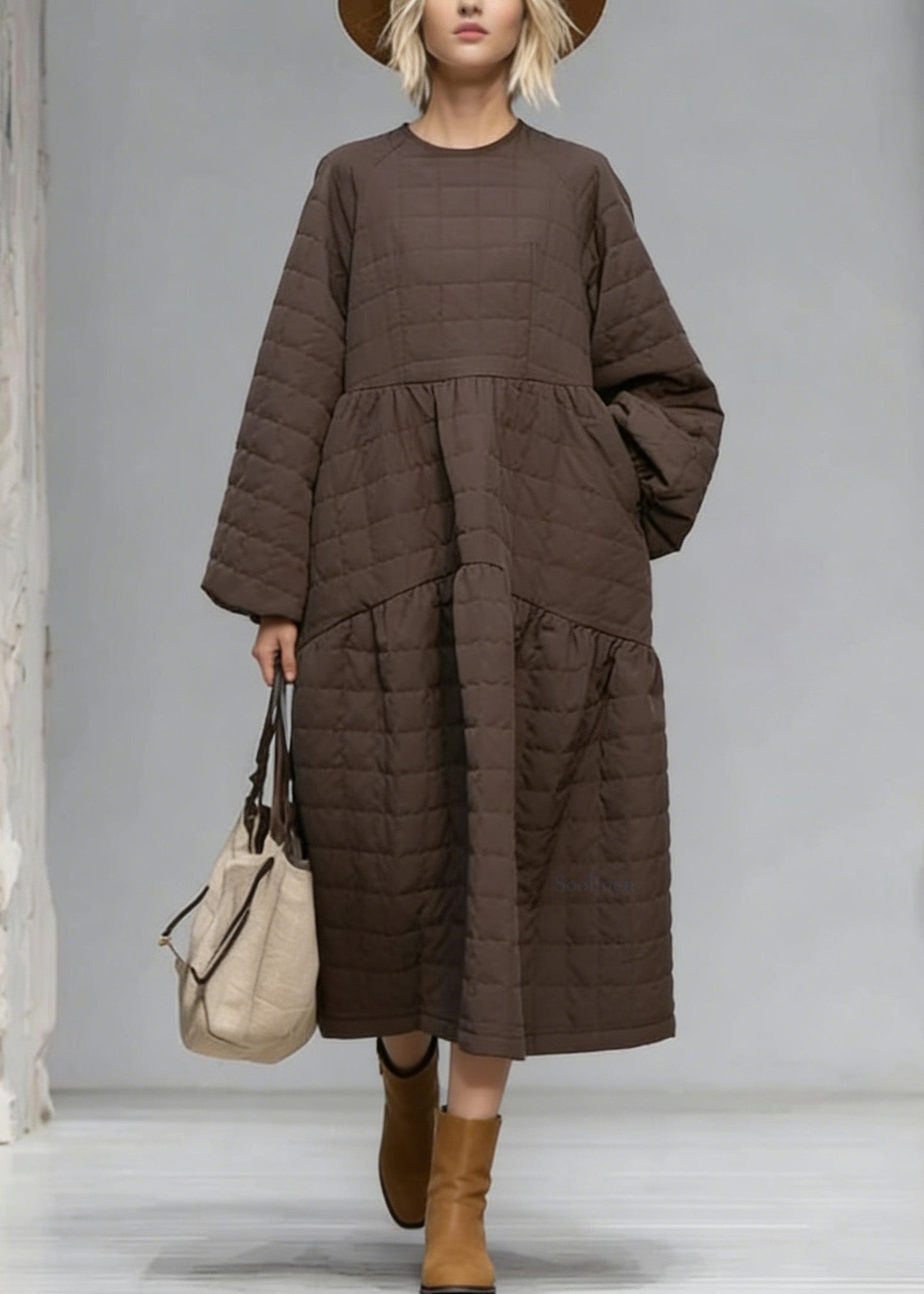 New Brown O Neck Patchwork Fine Cotton Filled Maxi Dress Winter