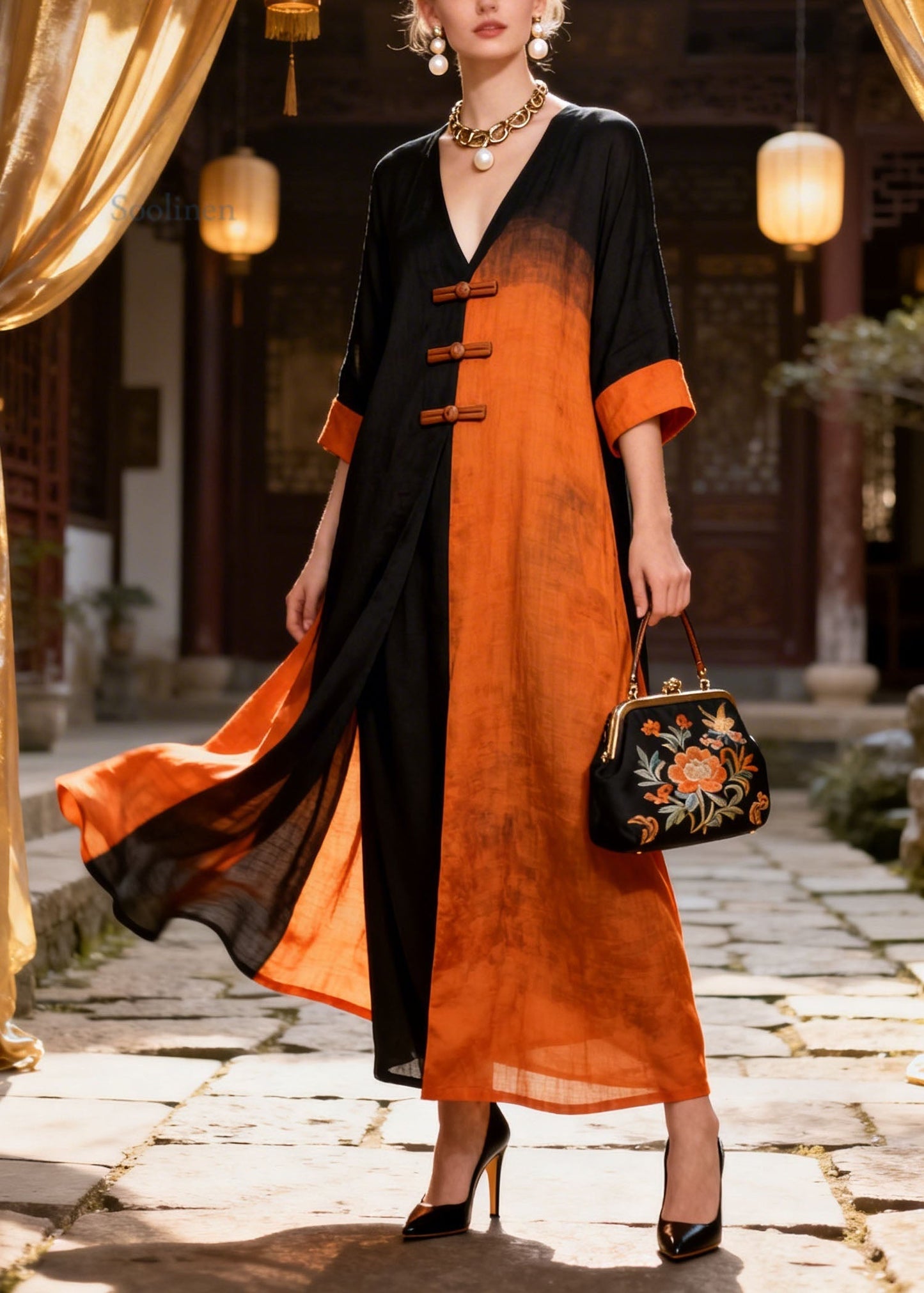New Colorblock V Neck Oriental Button Patchwork Cotton Long Dresses Summer
