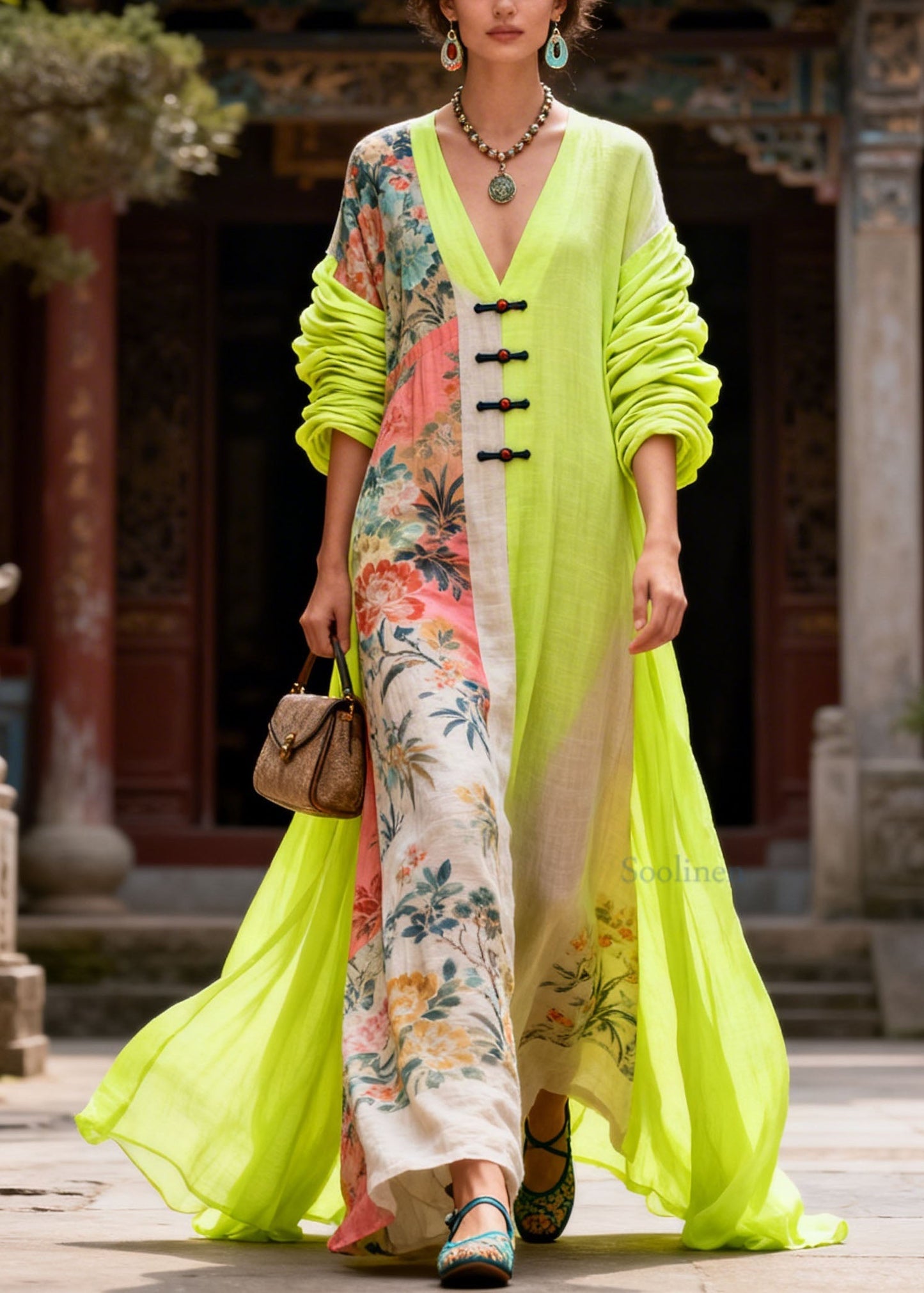 New Colorblock V Neck Print Patchwork Cotton Dress Summer
