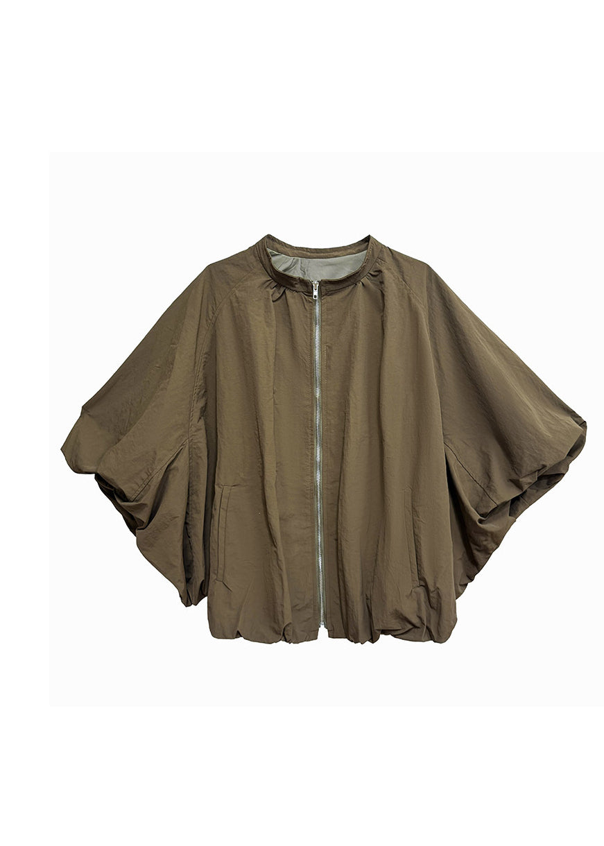 New Khaki Zip Up Pockets Patchwork Cotton Jacket Flower Bud Sleeve
