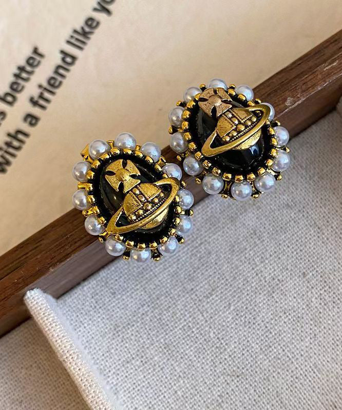 New Luxury Black Metal Pearl Stud Earrings