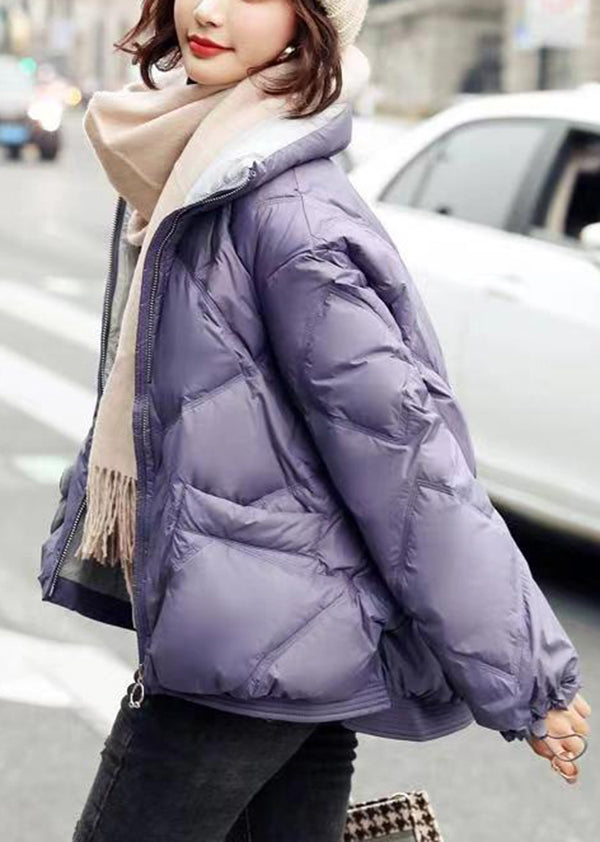New Purple Stand Collar Pockets Cotton Blend Puffer Jacket Winter