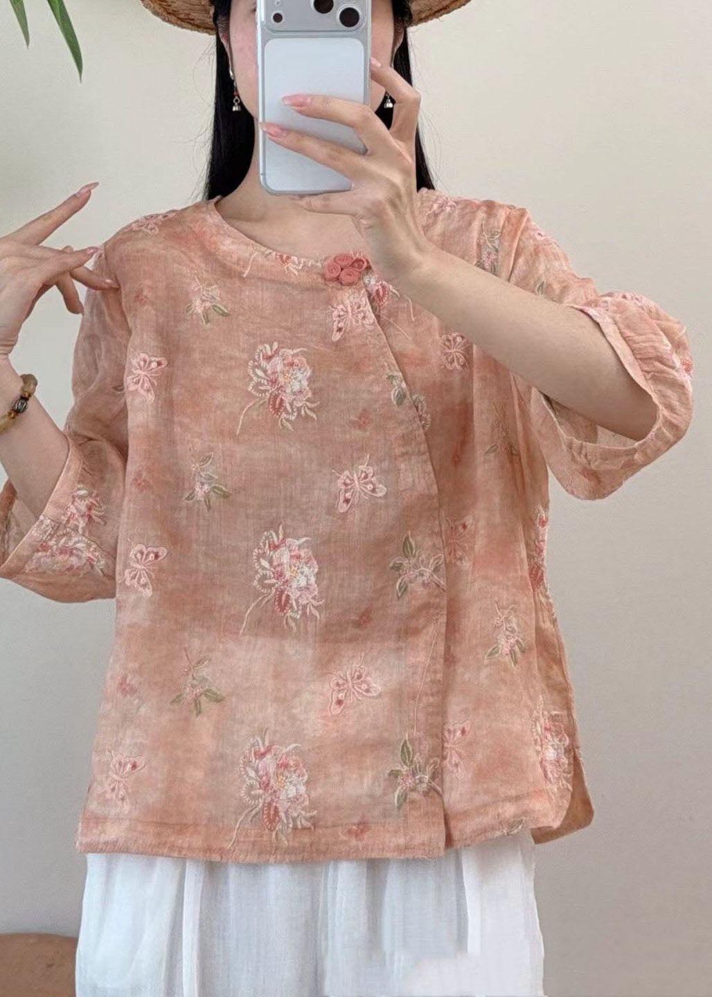New Yellow O-Neck Embroidered Linen Blouse Top Summer