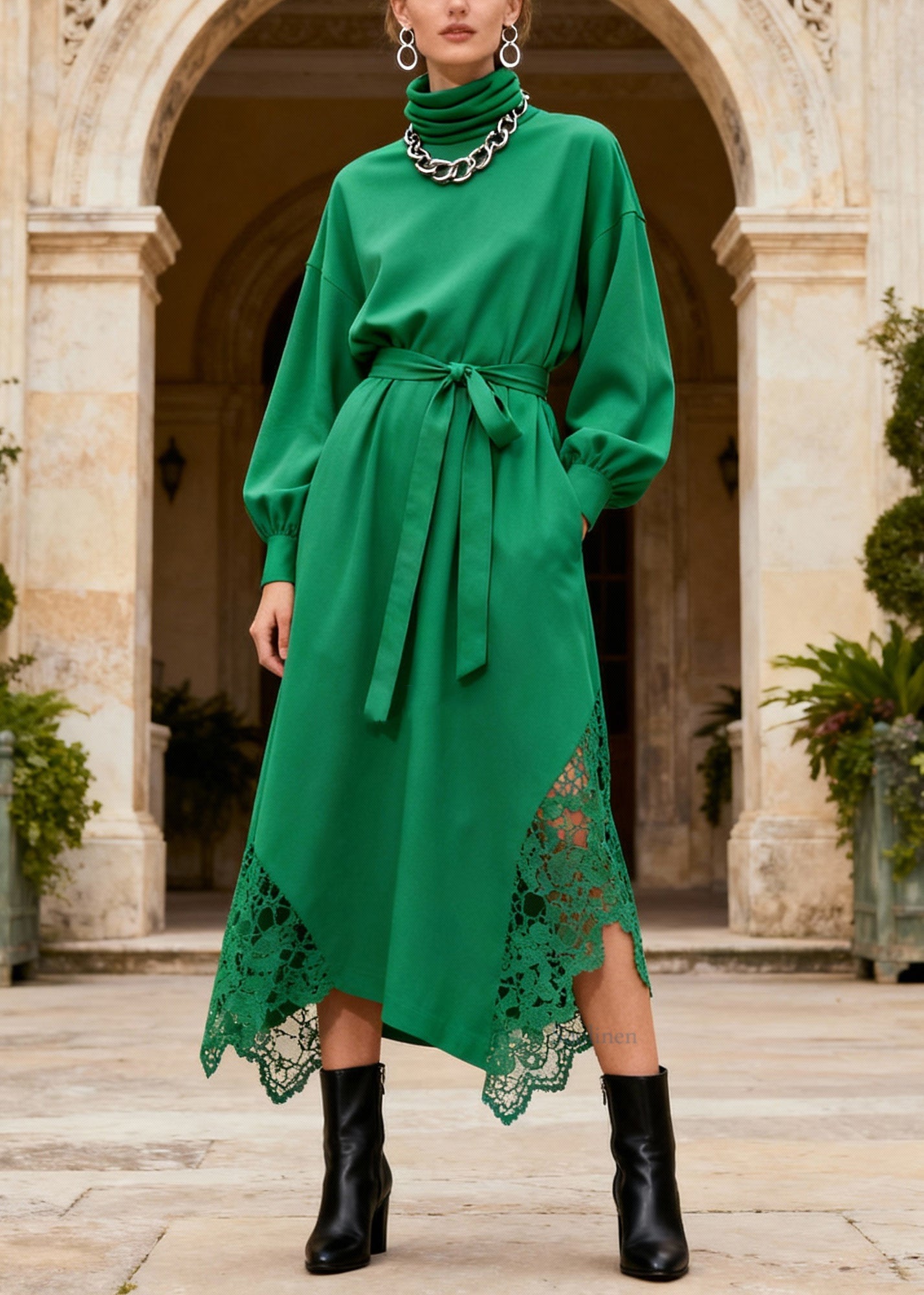 Novelty Green Turtleneck Patchwork Pockets Maxi Dresses Lantern Sleeve