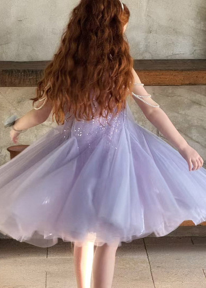 Novelty Purple O-Neck Pearl Patchwork Tulle Kids Maxi Dress Sleeveless