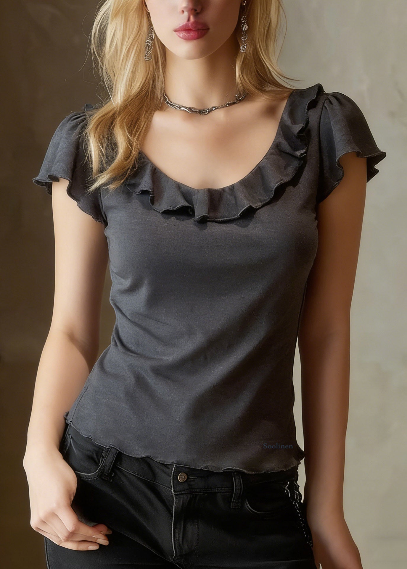 Organic Grey Ruffled Patchwork Solid T Shirt Summer