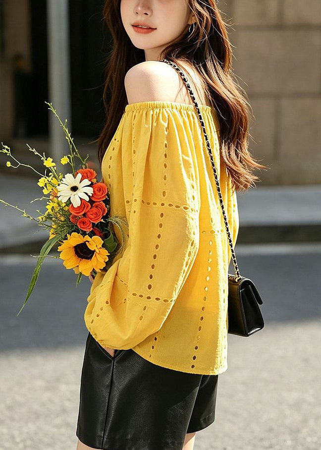 Organic Yellow Slash Neck Hollow Out Shirt Fall