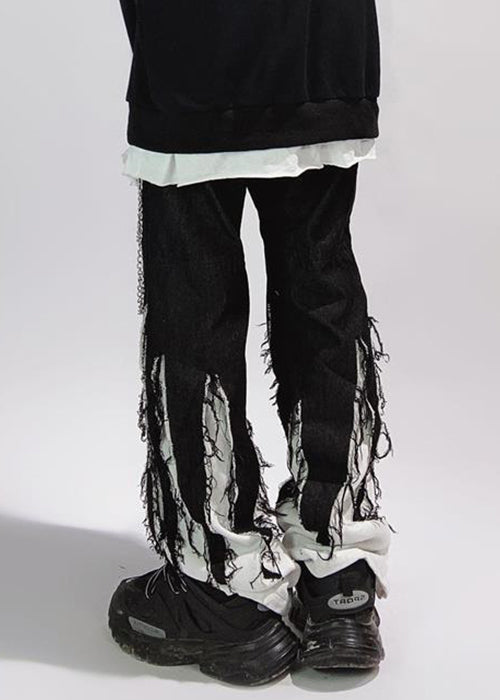 Original Design Black Tasseled Elastic Waist Denim Mens Pants Spring