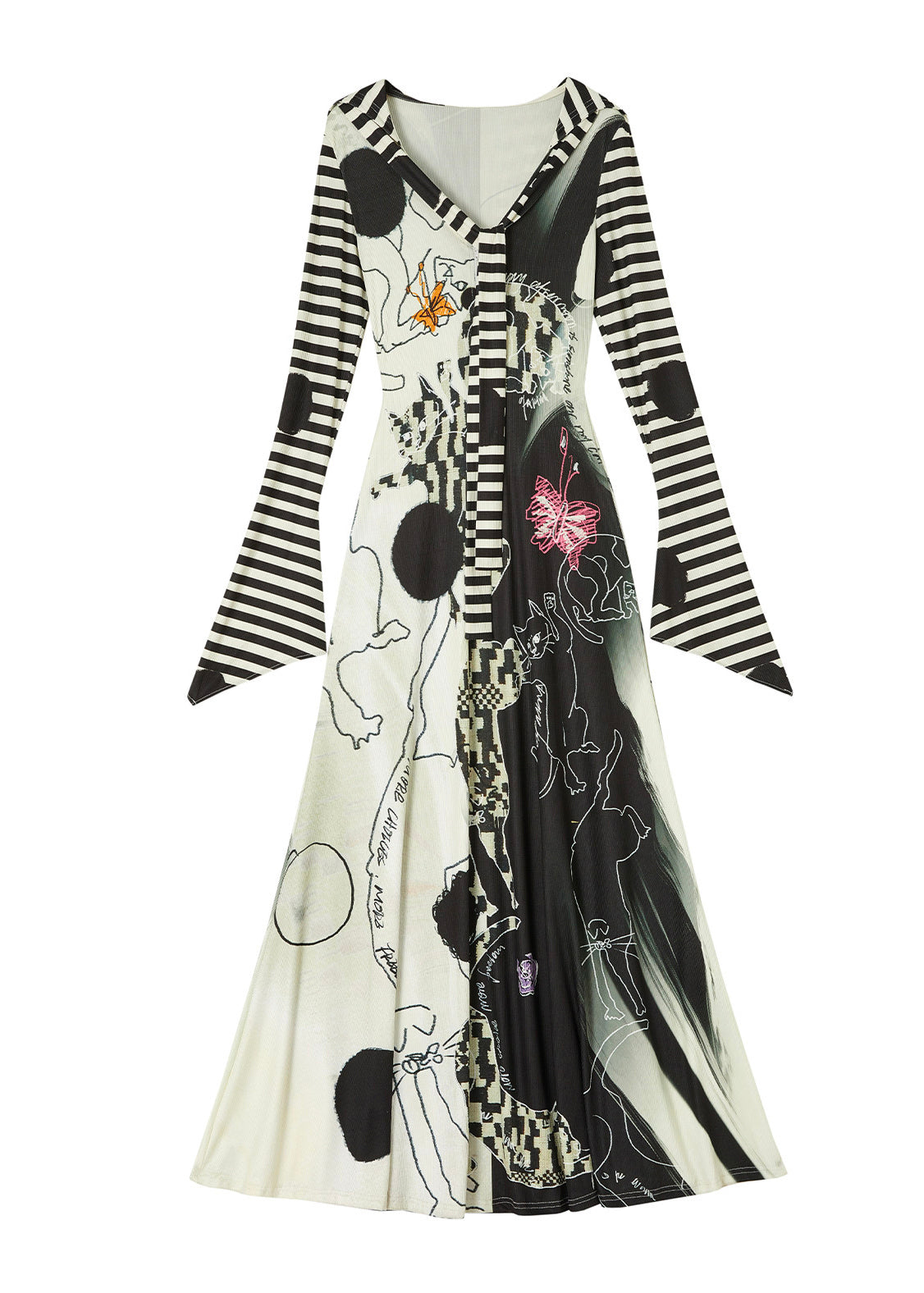 Original Design Hooded Print Cotton Dress Flare Sleeve