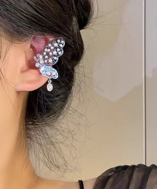 Original Design Silk Copper Overgild Zircon Pearl Hollow Out Butterfly Stud Earrings