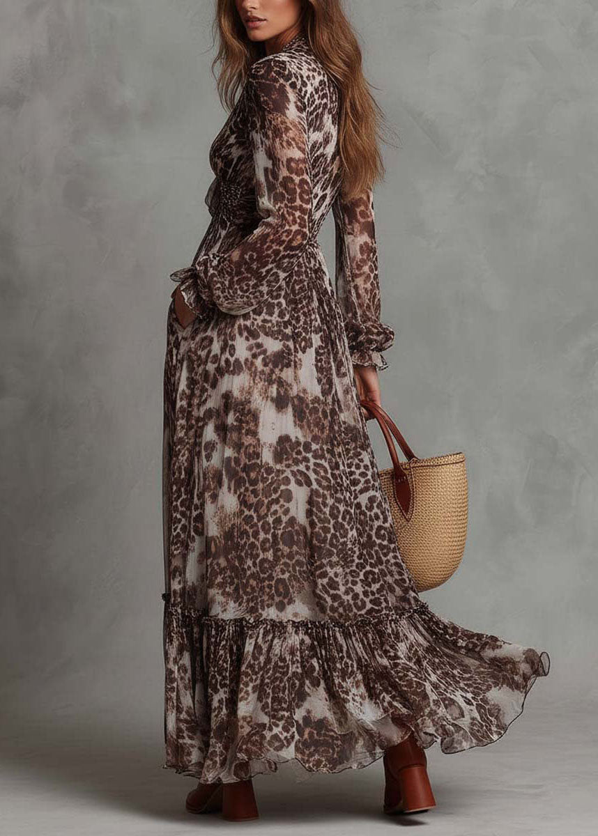 Original Design V Neck Ruffled Print Chiffon Dresses Summer