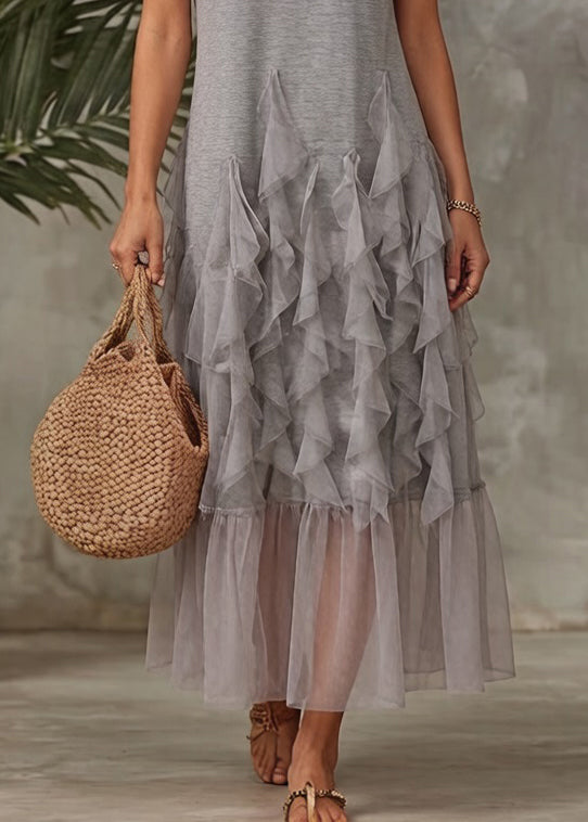 Original Grey Ruffled Tulle Patchwork T Shirt Dress Summer