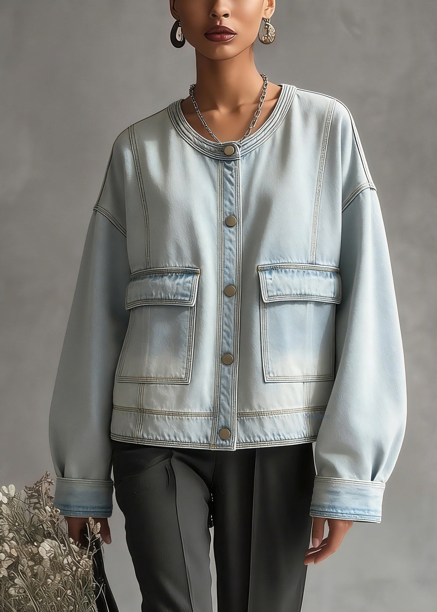 Plus Size Blue O-Neck Pockets Denim Coat Long Sleeve
