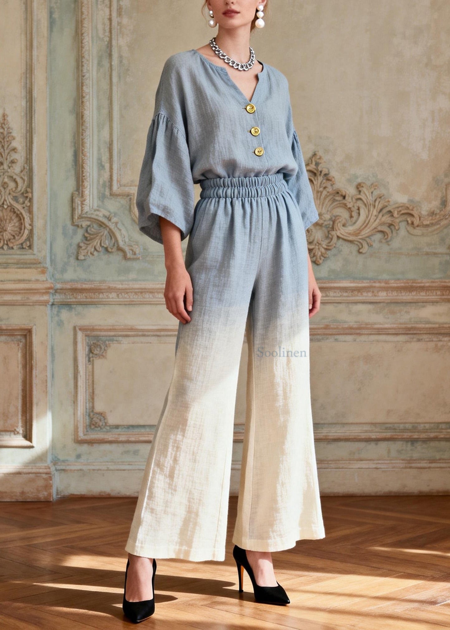 Plus Size Gradient Color V Neck Patchwork Linen Two Pieces Set Summer