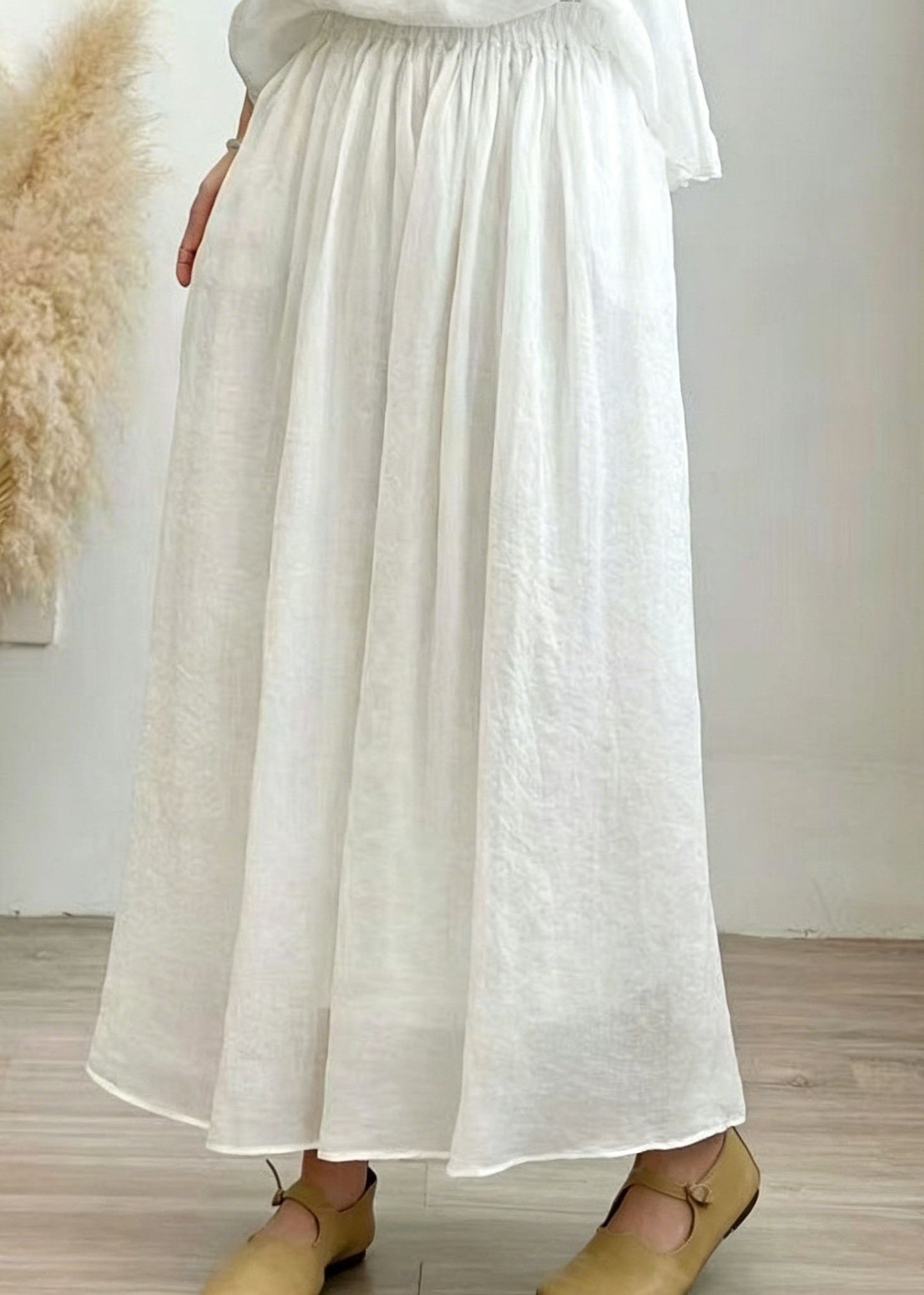 Plus Size Grass Green Pockets Wrinkled Linen Skirt Summer