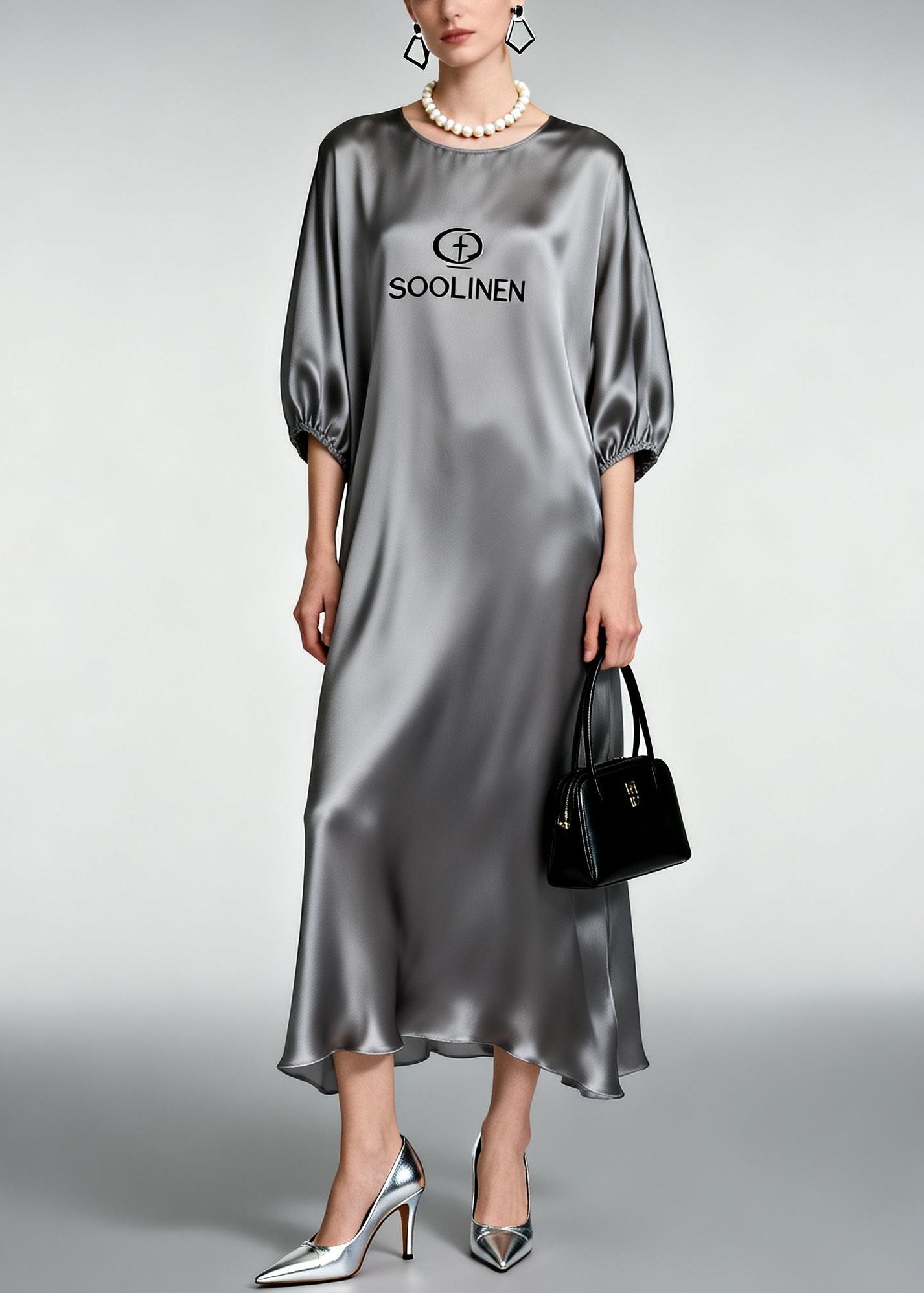 Plus Size Grey O-Neck Print Silk Ankle Dress Half Sleeve