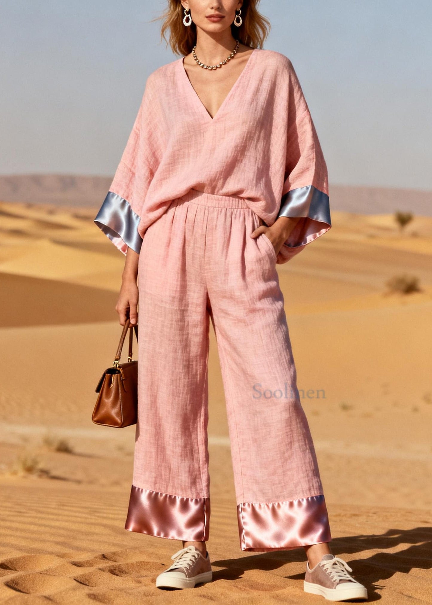 Plus Size Pink Oversized Patchwork Linen Silk Two Pieces Set Spring