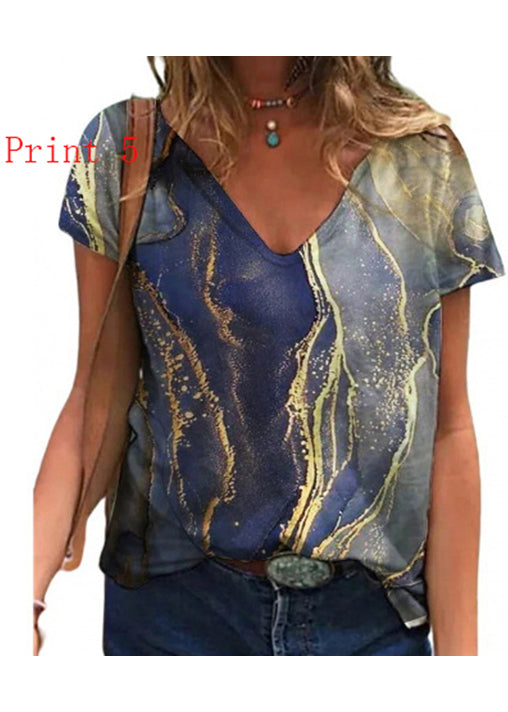 Plus Size V Neck Print Cotton T Shirt Top Summer