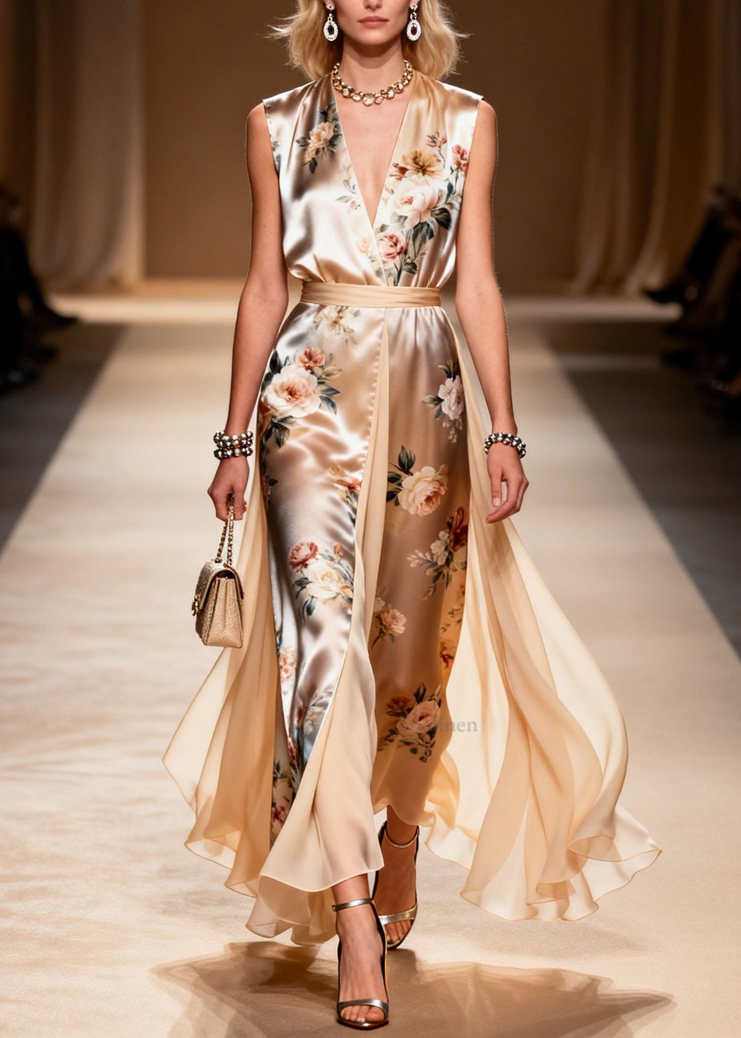 Plus Size V Neck Print Patchwork Chiffon Dress Sleeveless
