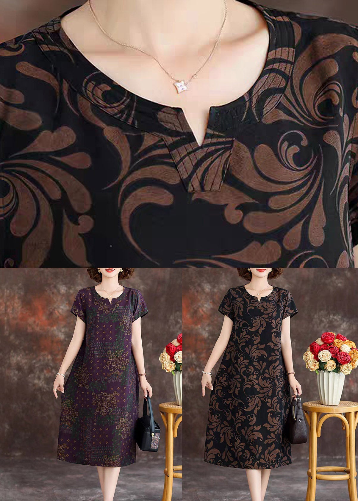 Purple Patchwork Silk Long Dresses Short Sleeve