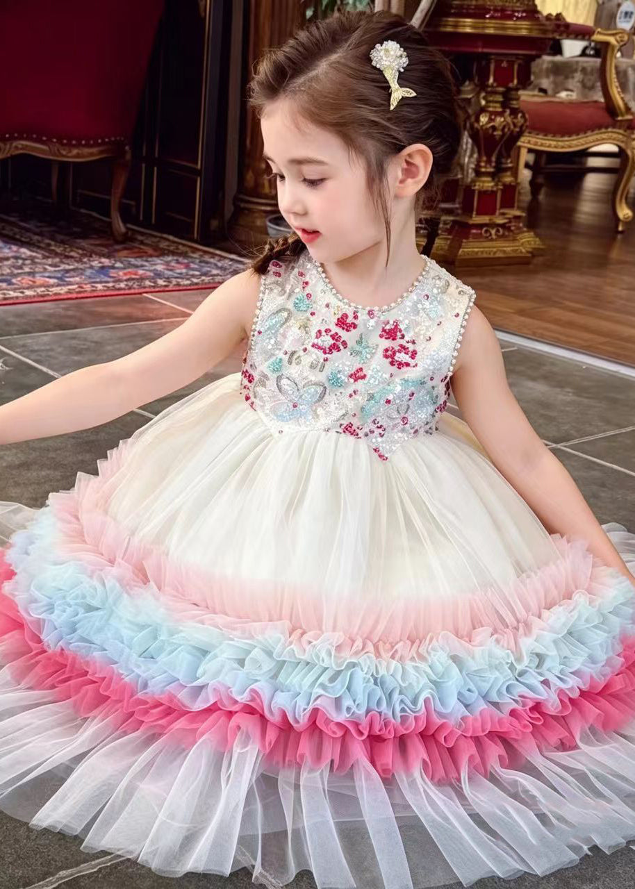 Rainbow Patchwork Tulle Kids Girls Long Dress Sequins Summer
