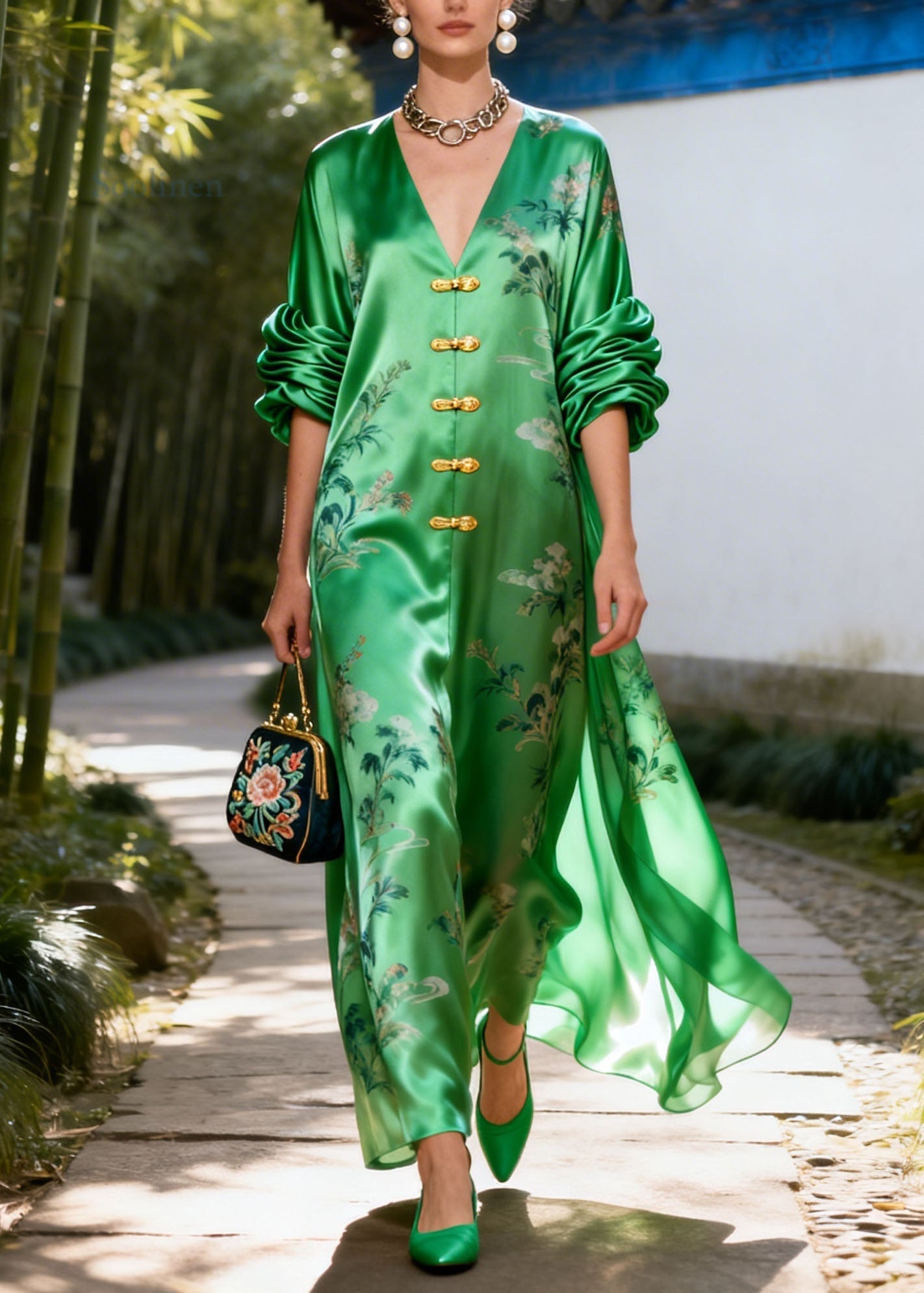 Retro Green V Neck Print Wrinkled Silk Vacation Dresses