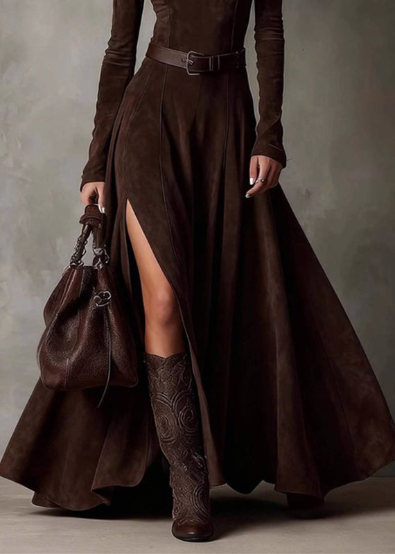 Sexy Coffee Patchwork Sashes Side Open Maxi Dresses Spring