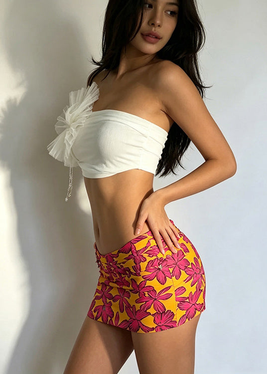 Sexy White Floral Cotton Strapless Tops And Skirts Two Pieces Set Summer