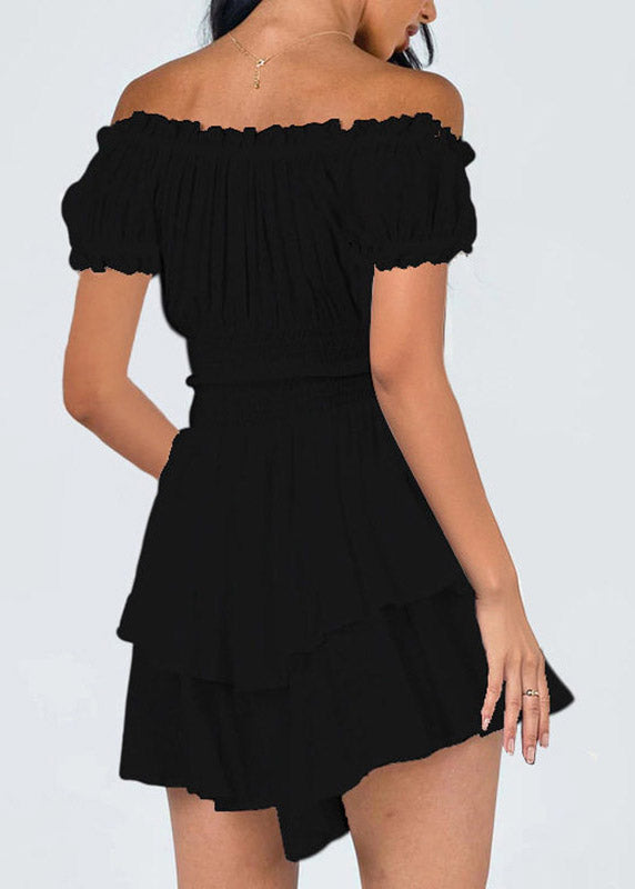 Sexy White Slash Neck Patchwork Elastic Waist Mini Dress Short Sleeve