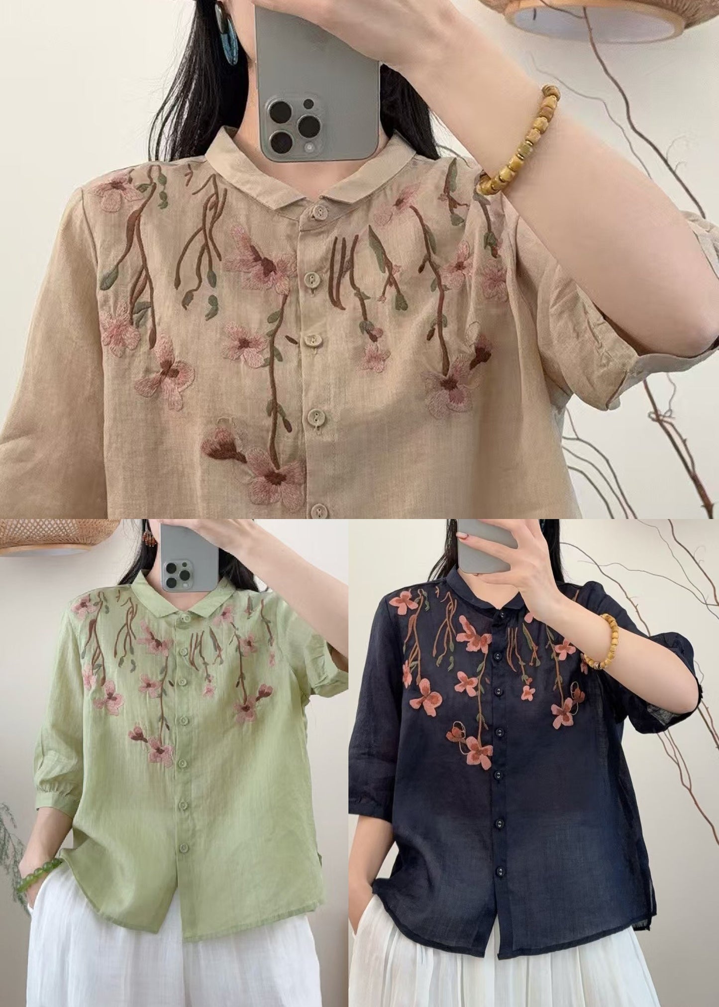 Simple Khaki Embroidered Linen Shirt Summer