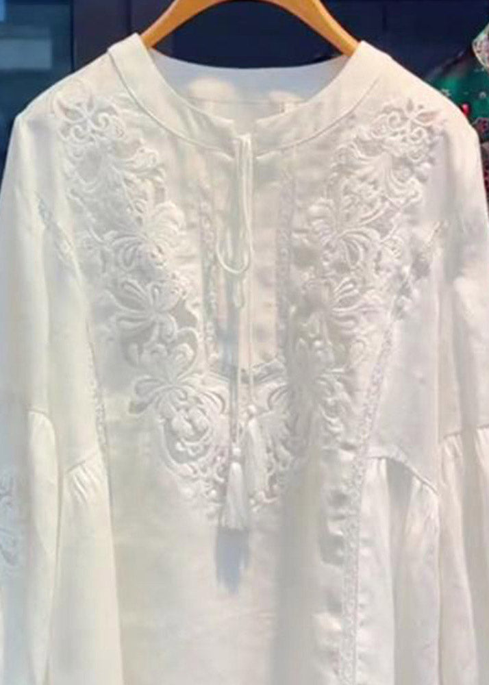 Simple White O-Neck Embroidered Top Lantern Sleeve