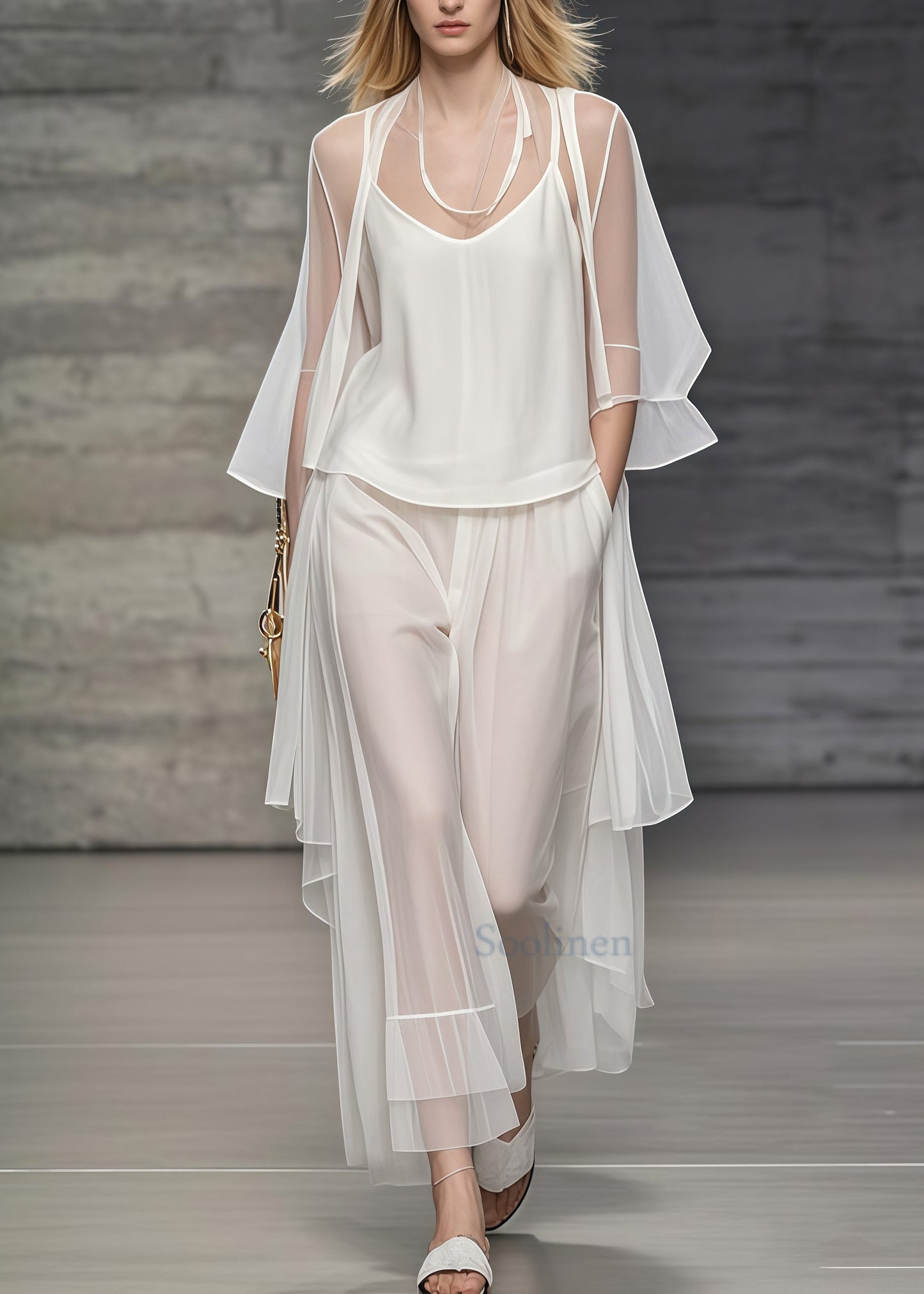 Simple White Oversized Draping Tulle Two Pieces Set Summer